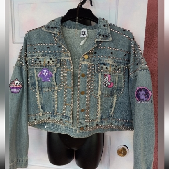SOLD💝Kawaii pastel goth cropped lt wash ooak jacket! Lots of metal! Sugar Killz - Picture 12 of 14